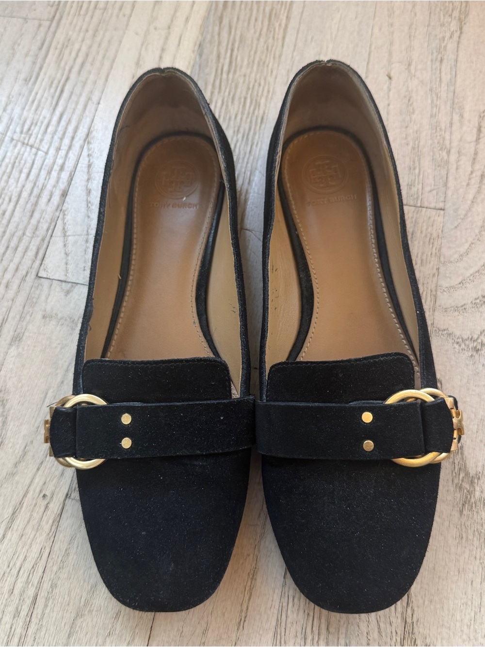 TORY BURCH Women’s Marsden Smoking Slipper Black Suede Gold Buckle Flats 9